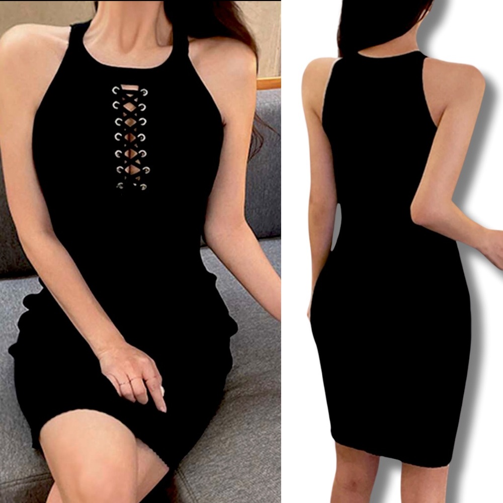 Black Ribbed Lace Up Bodycon Dress Sz. Small